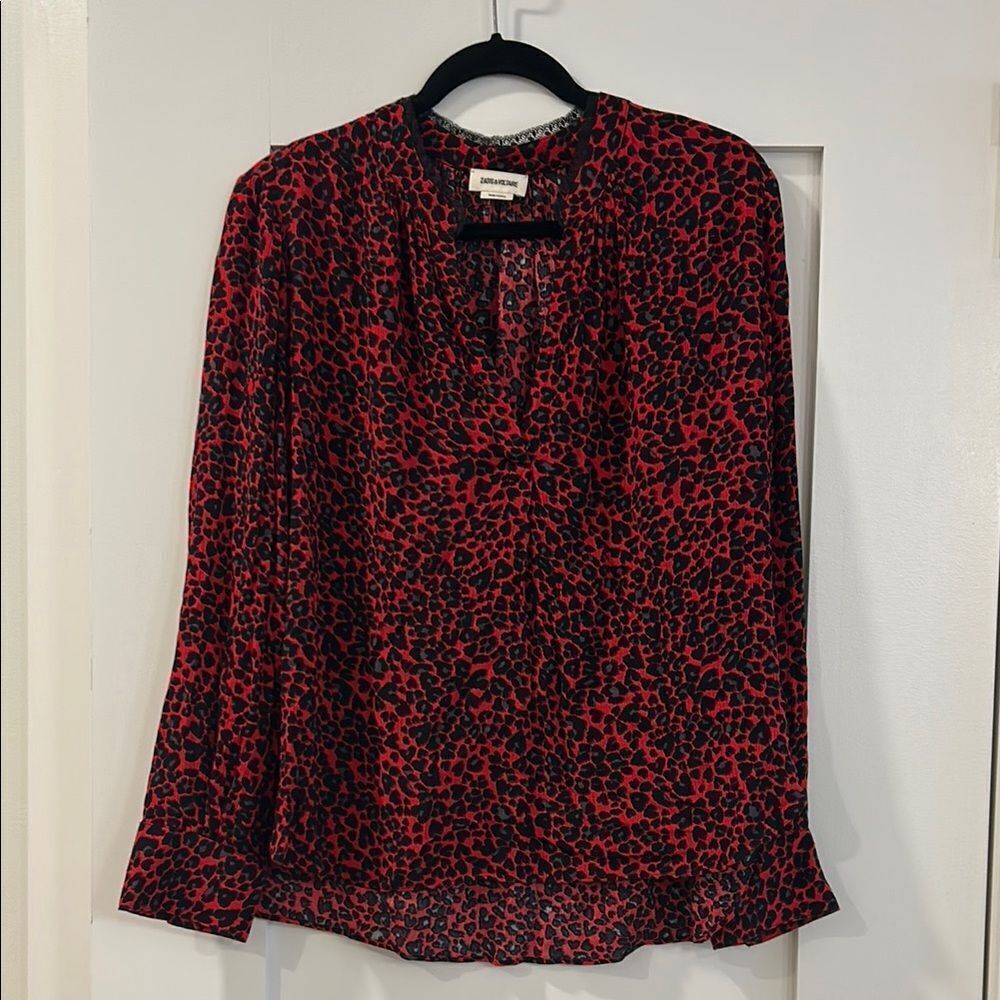 Zadig & Voltaire Black and Red Leopard Print V-Neck Blouse, Size Medium